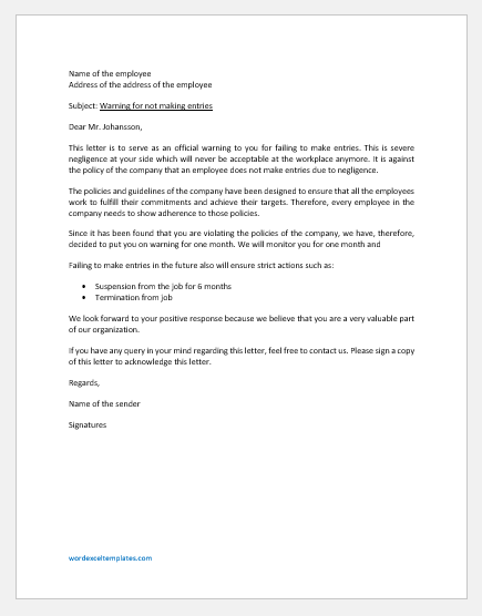 Warning Letter to Employee for Failing to Make Entries