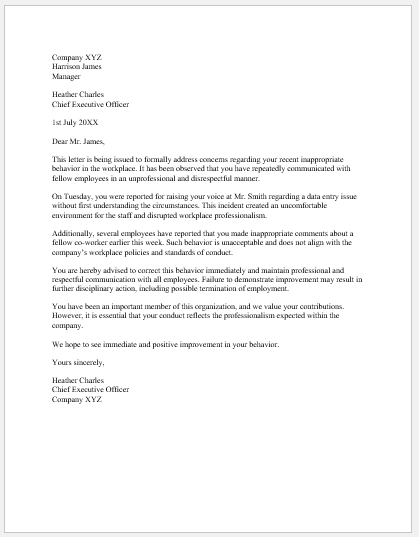 Letter to Employee for Behaving Badly at Workplace
