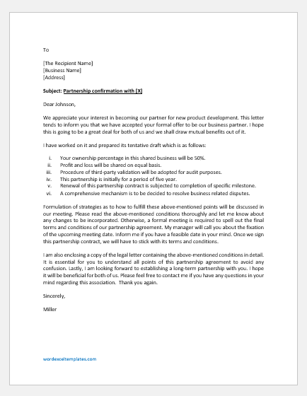 Partnership confirmation letter