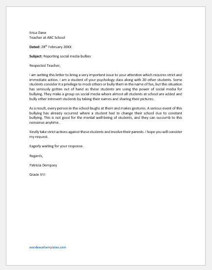 Letter to Teacher to Report Social Media Bullying | Download