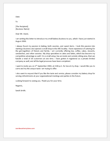 Bakery business introduction letter