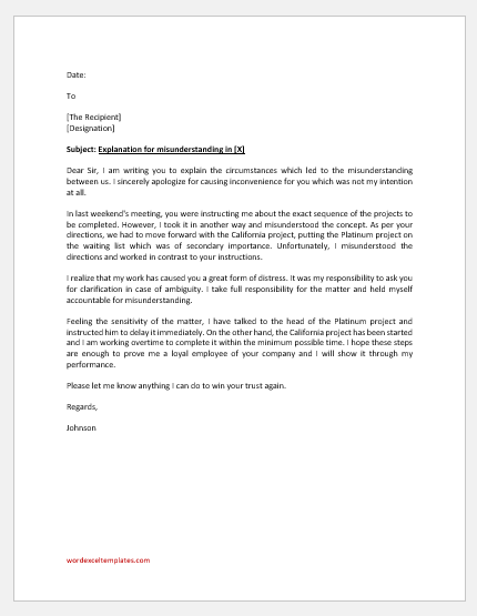 Explanation letter to boss for misunderstanding