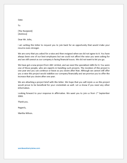 Letter to Rejoin after Resignation due to Refusal of a Raise