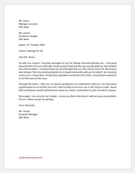 Letter to boss to clear misunderstanding