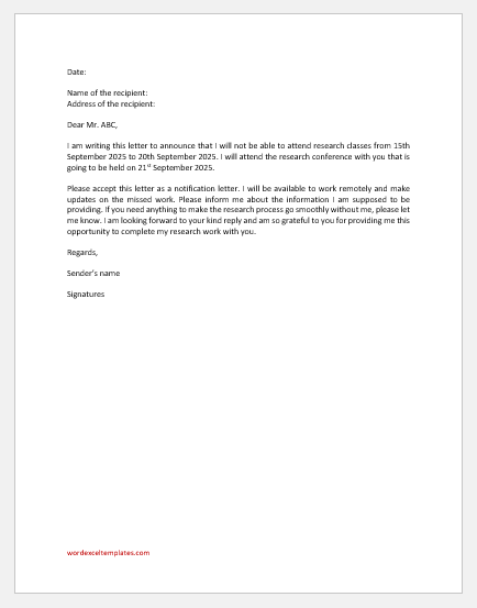 Absence Excuse Letter to Research Supervisor