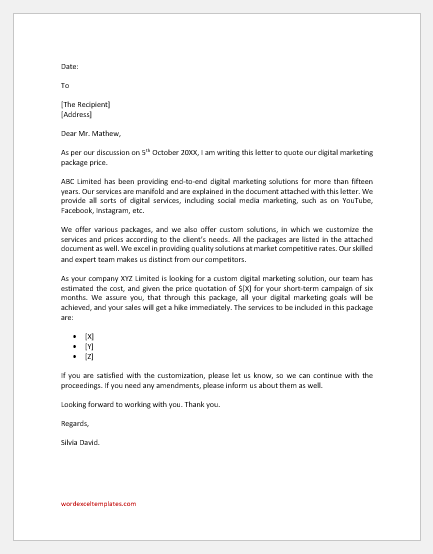 Digital marketing quotation letter