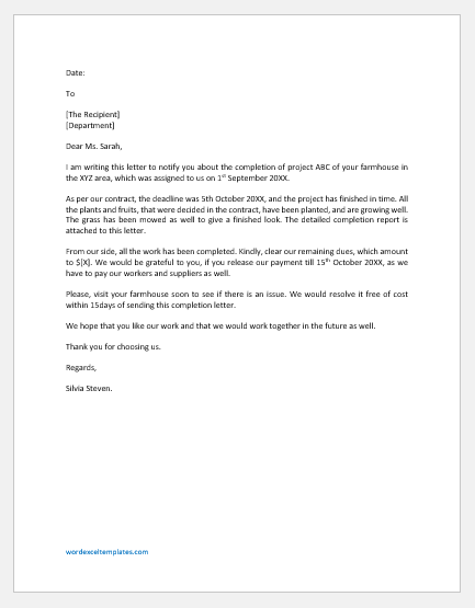 Horticulture Project Completion Report Letter