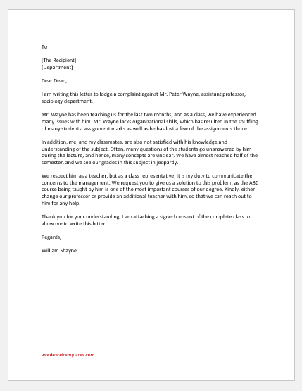 Letter against Professor for Disorganization and Incompetence