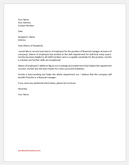 Promotion Recommendation Letter for Financial Manager