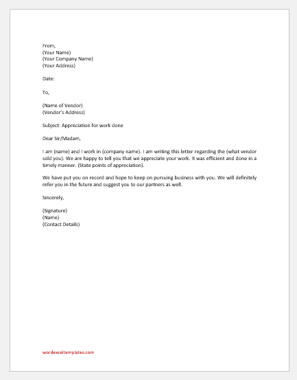Satisfactory performance letter to vendor