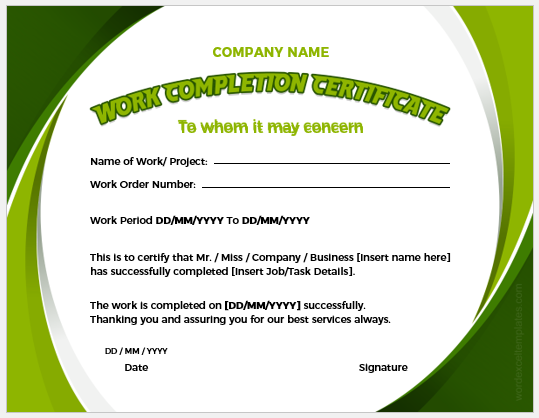 Work completion certificate