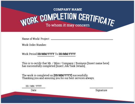 Work completion certificate