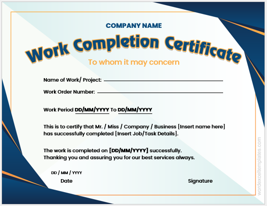 Work completion certificate