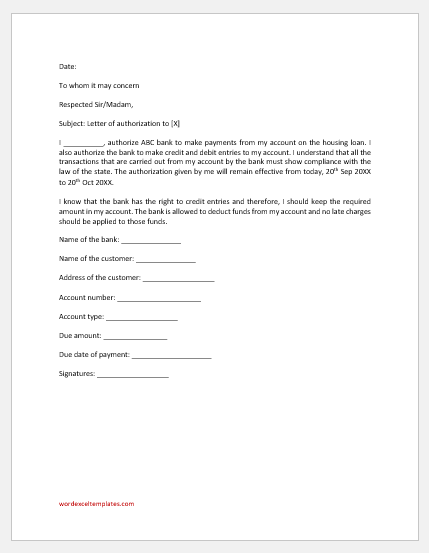 Authorization Letter of Payment on Housing Loan | Download