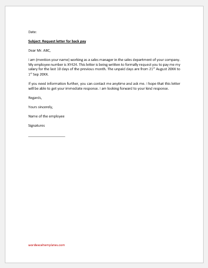 Back pay request letter template