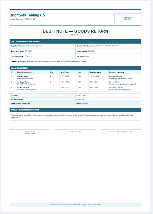 Debit Note for Goods Return