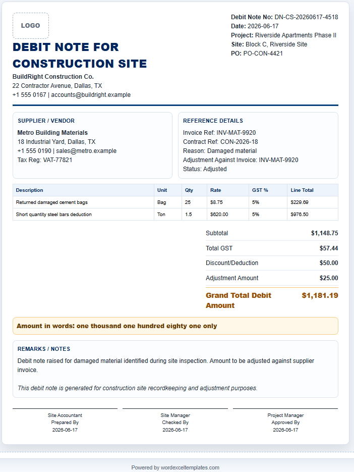 Debit note for Construction Site