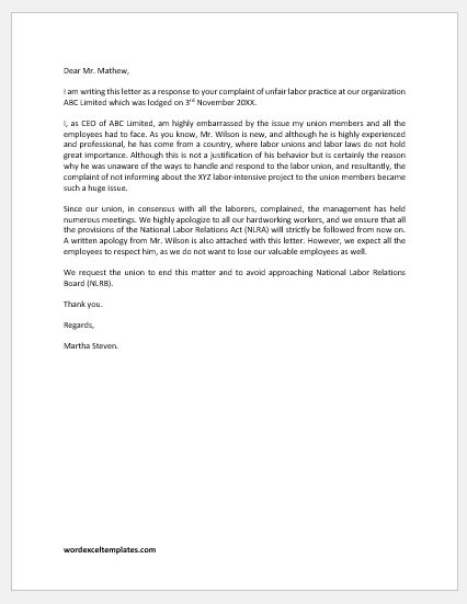 Letter Responding to Unfair Labor Practice
