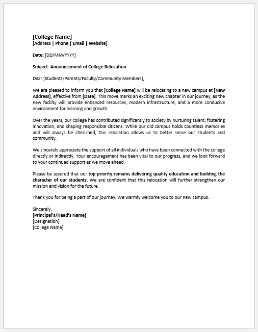 Letter to Announce Relocation of a College