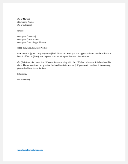 Proposal letter to purchase land for boss's office