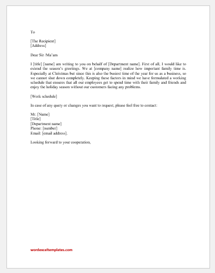 Christmas closing letter to customer