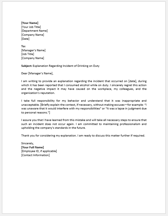 Explanation Letter for Drinking on Duty