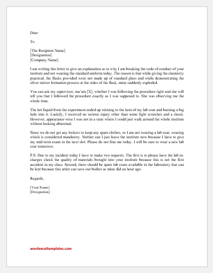 Explanation letter for not wearing uniform
