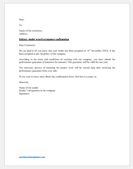 Letter to Confirm Acceptance of the Tender Award