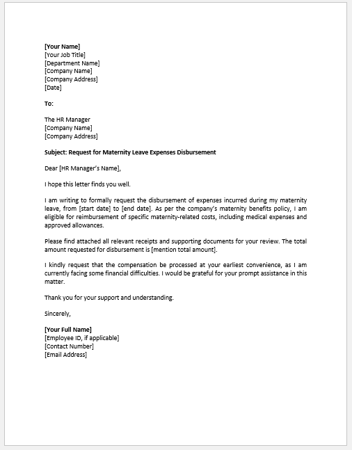 Maternity Leave Expenses Disbursement Letter