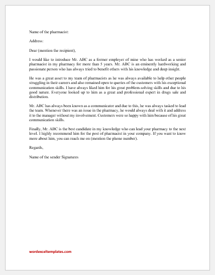 Recommendation Letter for Pharmacist