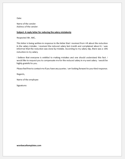 Reply letter to HR for mistakenly reducing salary