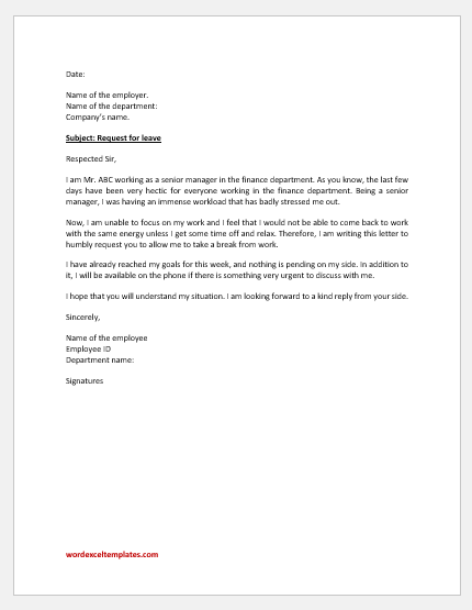 Request Letter Time Off From Work Due To Stress Download