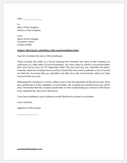 Warning Letter for Submitting Fake Recommendation Letter