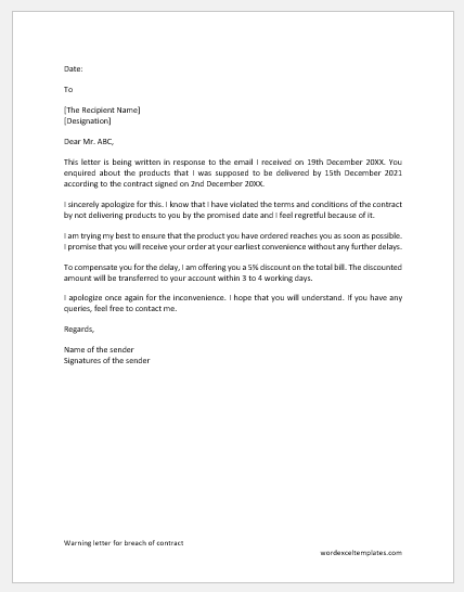 Apology letter for breach of contract