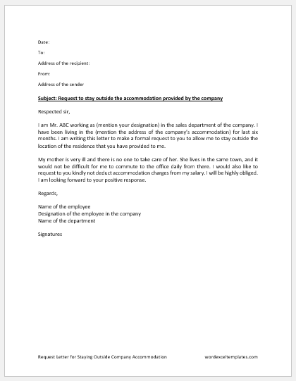 Request Letter for Staying Outside Company Accommodation