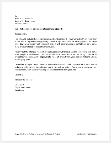 Request Letter to Professor to Accept for Research Project