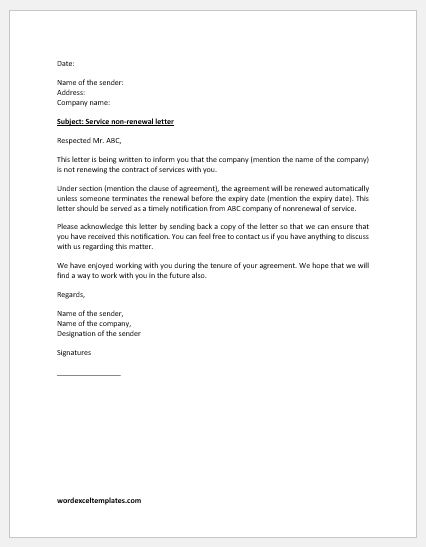 Services Non-renewal Letter to Company