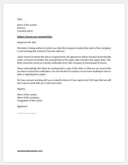 Services Non-renewal Letter to Company | Download Letter