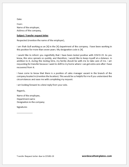 Transfer Request Letter due to COVID-19