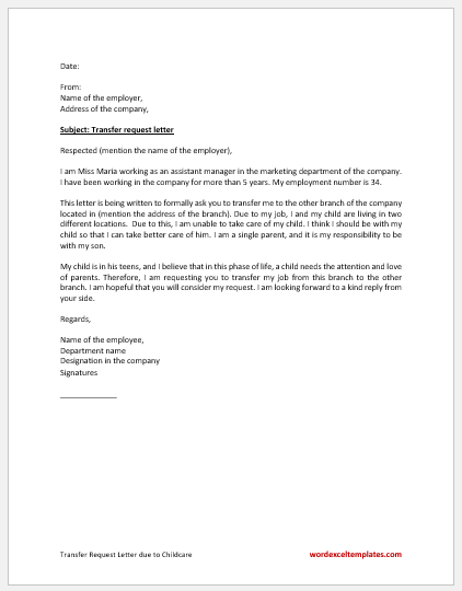 Transfer Request Letter due to Childcare