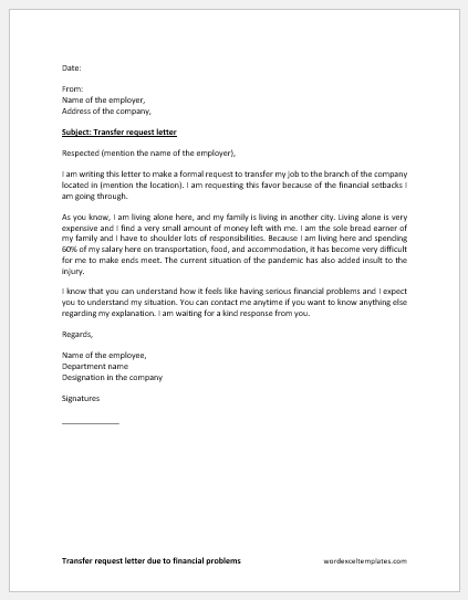 Transfer request letter due to financial problems