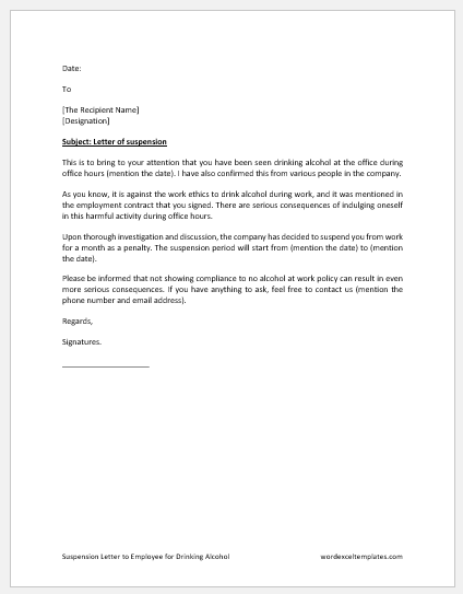 Suspension Letter to Employee for Drinking Alcohol