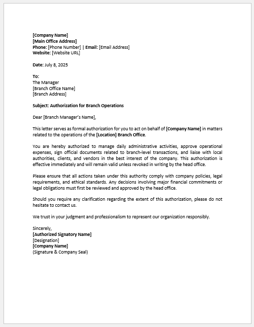 Authorization Letter for Branch Office