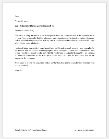 Complaint Letter to Principal about Coach