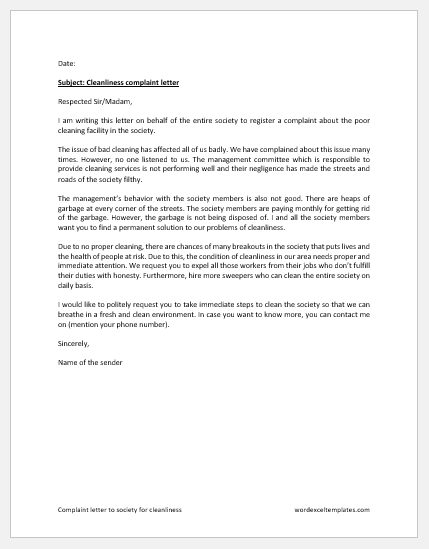 Complaint letter to society for cleanliness