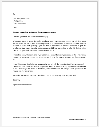 Immediate resignation letter due to personal reason