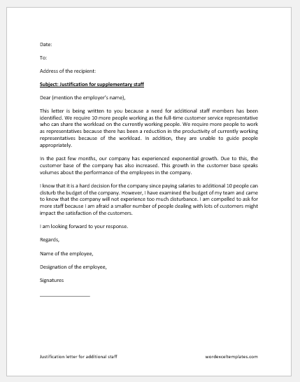 Justification letter sample for additional staff