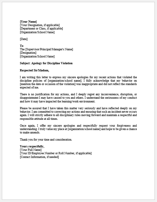Letter of Apology for Discipline Violation