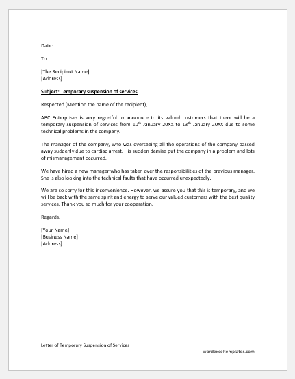 Letter of Temporary Suspension of Services