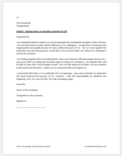 Letter of apology for discipline violation